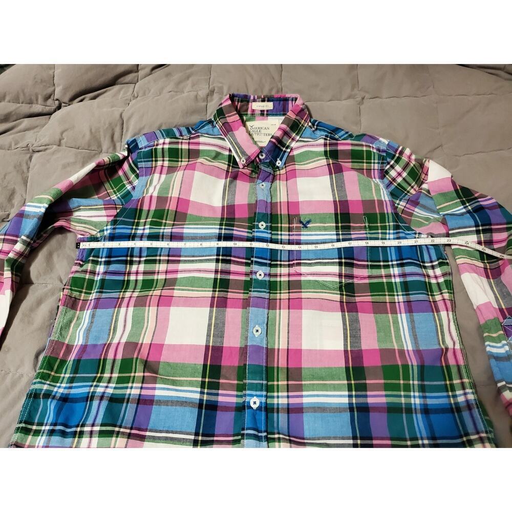 American Eagle Shirt Mens Large Green Blue Plaid Check Classic Fit Button Down - Picture 6 of 12